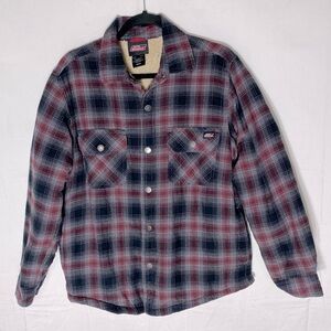 Dickies Burgundy Black Plaid Snap Front Sherpa Lined Shacket Shirt Jacket M